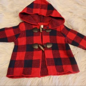 Osh kosh buffalo print knit toggle jacket.